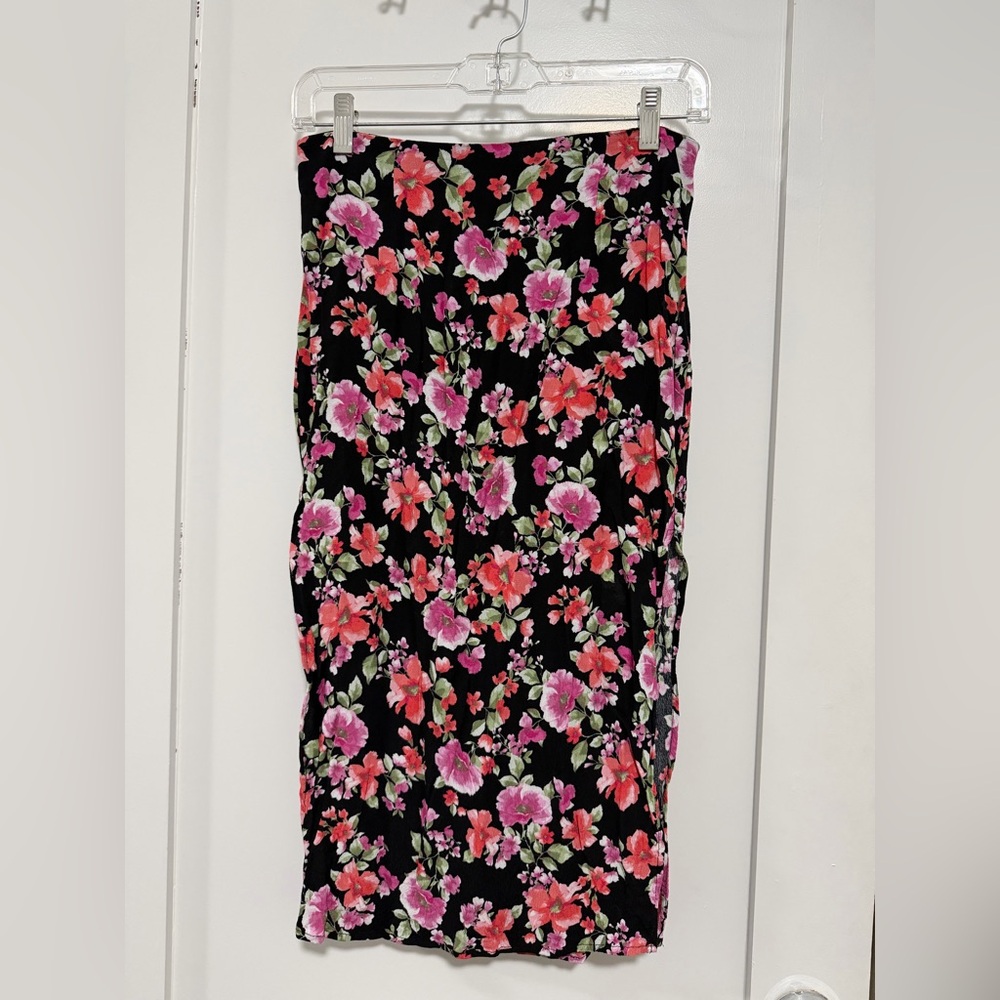 Forever 21 Black Midi Skirt with Pink Floral Print and Slits